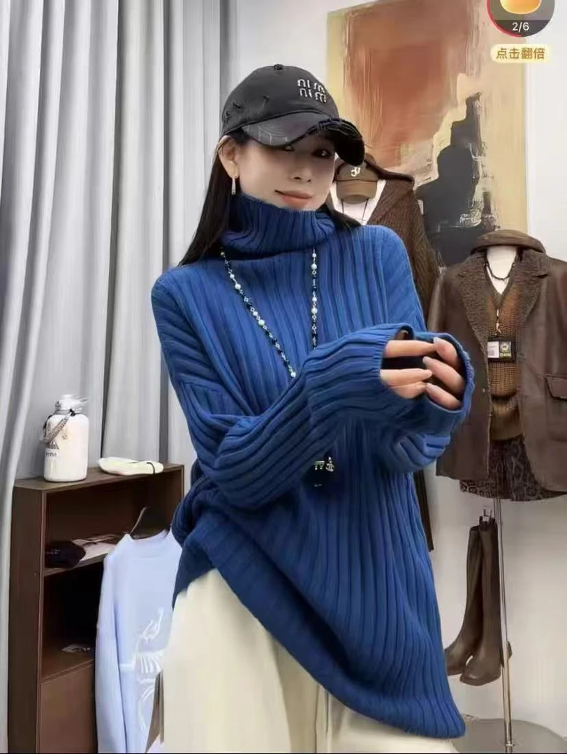 2025韩版时尚百搭彩色宽松高领休闲毛衣