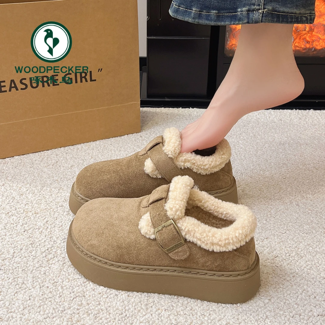 啄木鸟厚底加绒勃肯鞋女2025新款冬季乐福鞋博肯棉鞋子保暖雪地靴