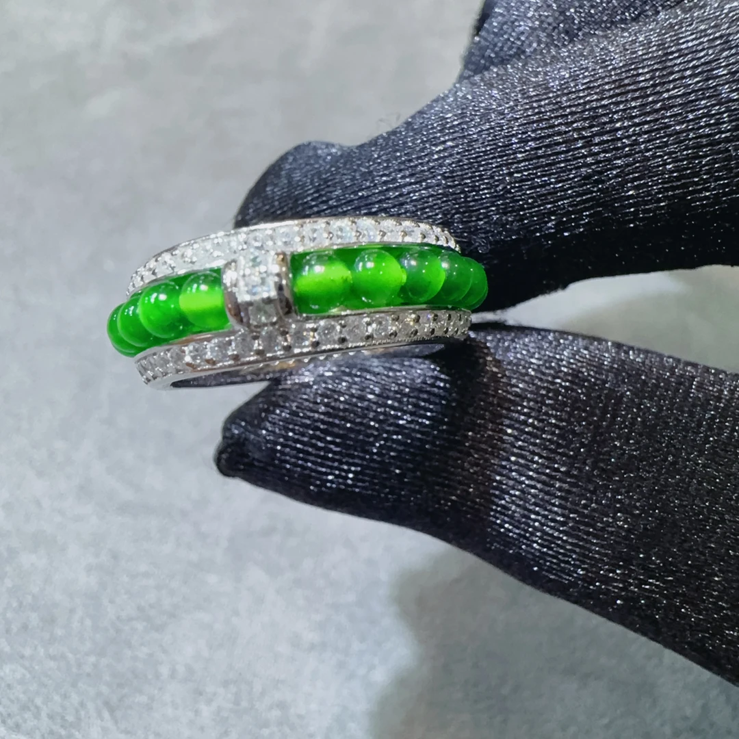 【小米珠戒圈】s925银天然A货翡翠阳绿小米珠3mm时尚精致JD035025