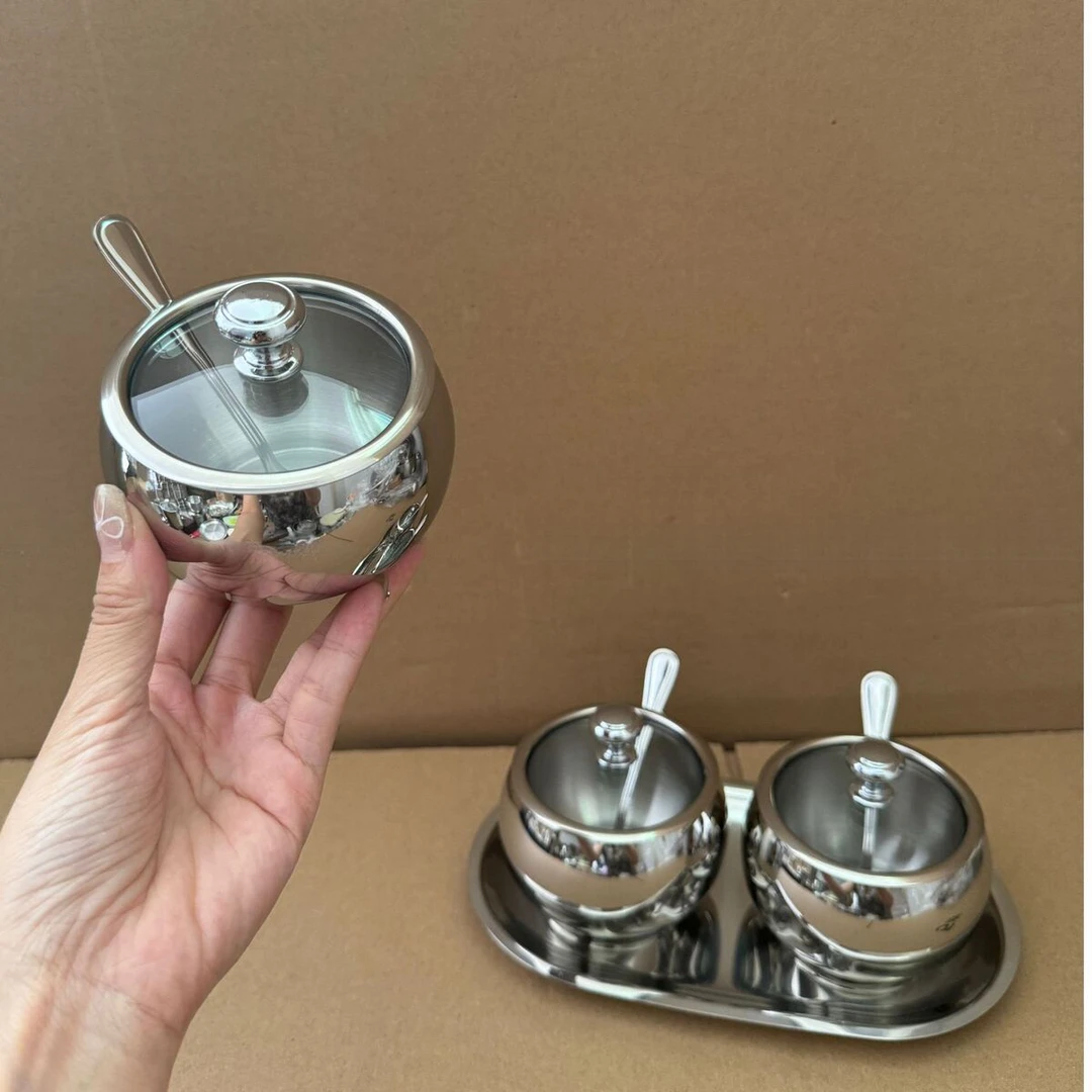 【高档餐具】特厚304不锈钢调味罐家用佐料调料罐调味盒带勺带底座