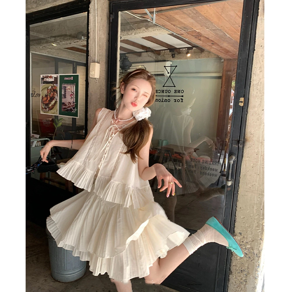 【现货】小众设计感压褶韩系套装系带背心不规则短裙半身裙两件套