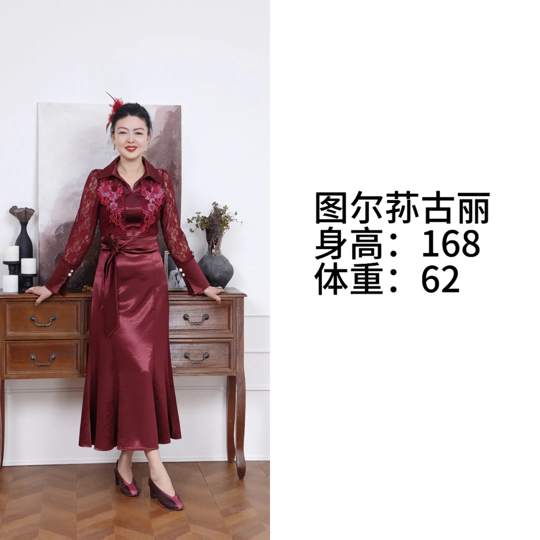 【蕾丝拼接衬衣领胸口珠花长裙礼服】YD$A*02