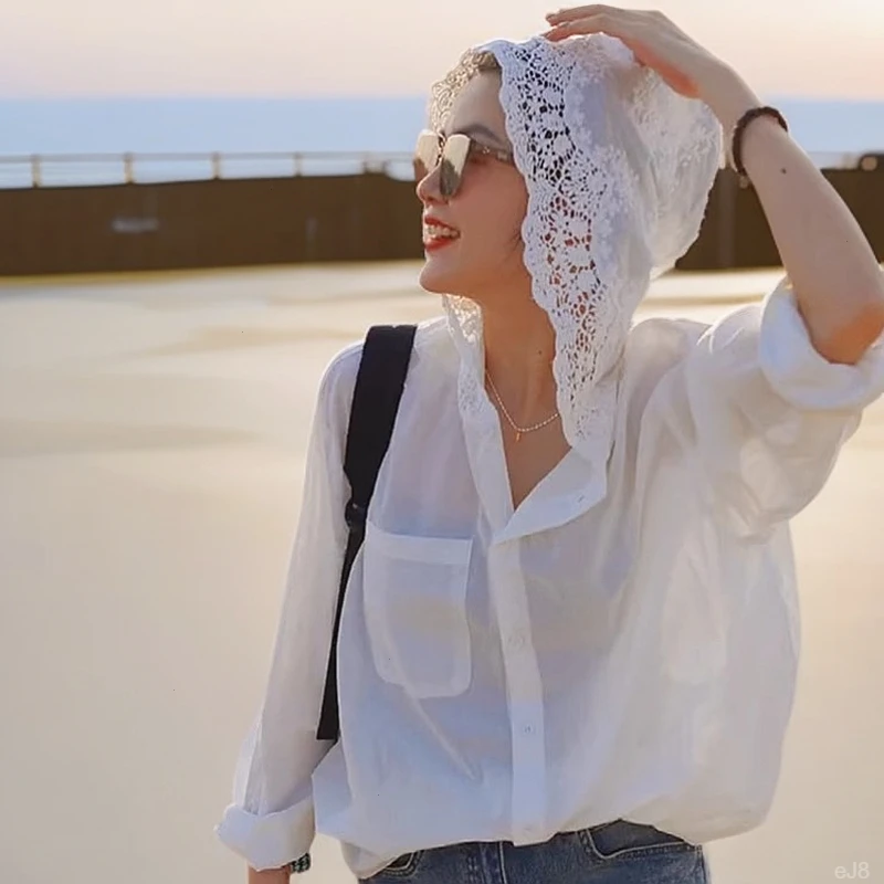 时尚气质薄款洋气防晒衫衬衣女夏天宽松镂空连帽法式长袖上衣钩花