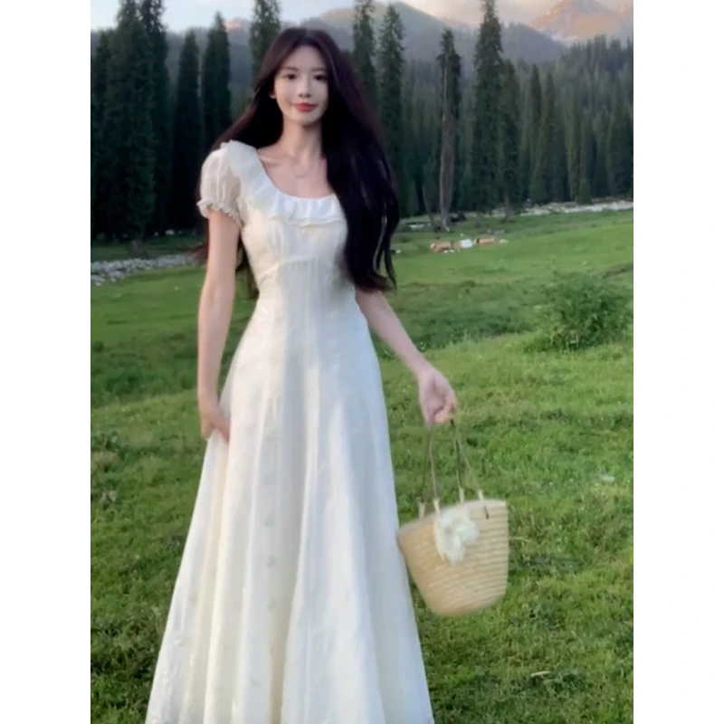 【清仓+运补5米】荷叶边白色连衣裙女夏季高级感收腰长裙4494