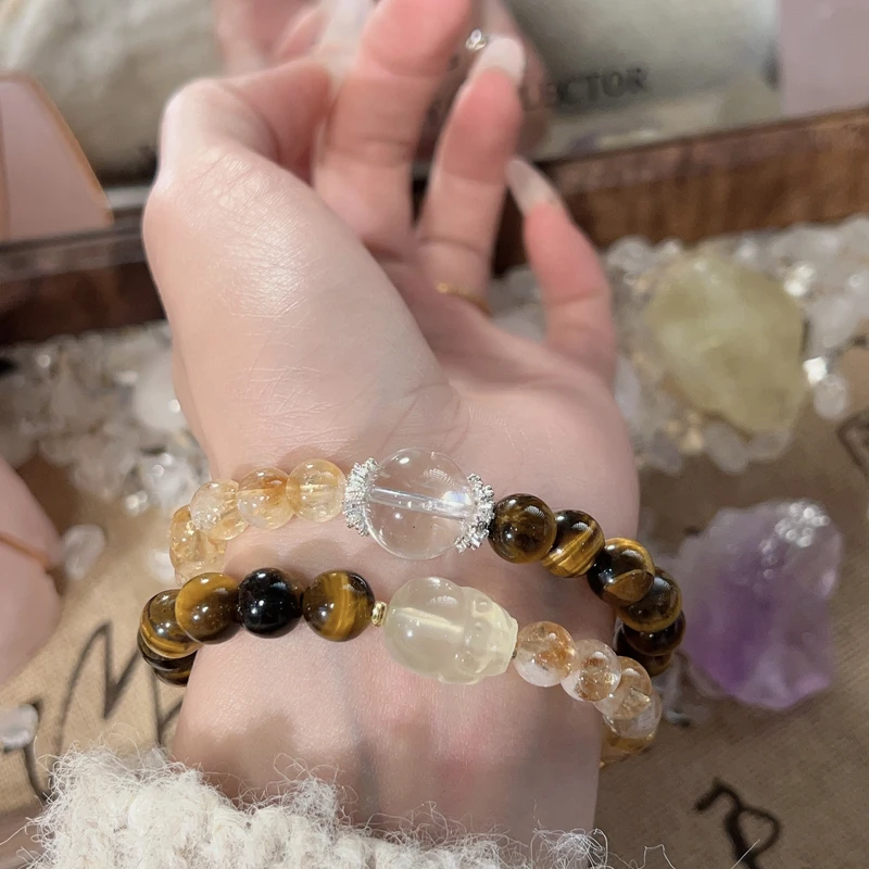 【圈米】双圈7m黄塔晶+黄虎眼+貔貅手串原创设计天然水晶Z147