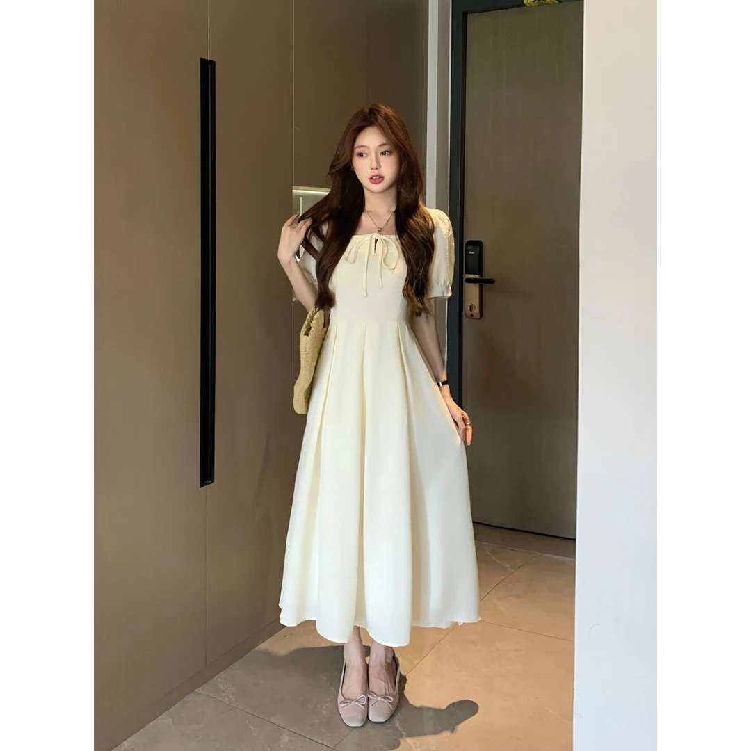 大码法式气质方领连衣裙女胖MM收腰显瘦A字长裙高级感