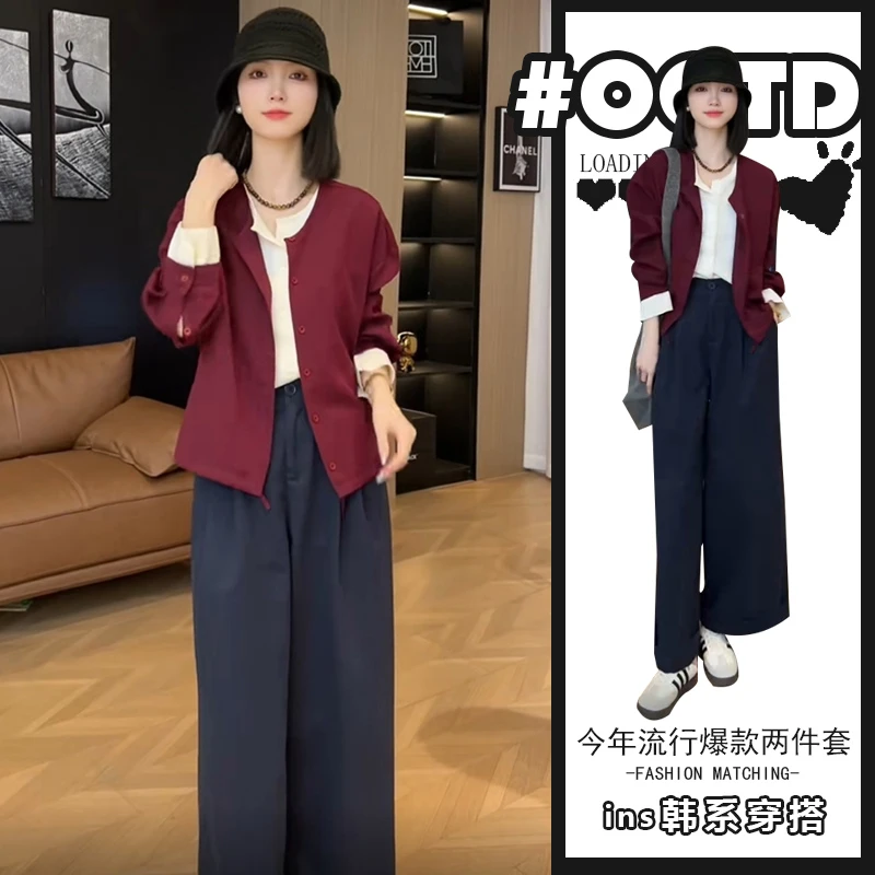 2025春秋时尚气质洋气百搭上衣+高腰遮肚阔腿裤欧货穿搭两件套女