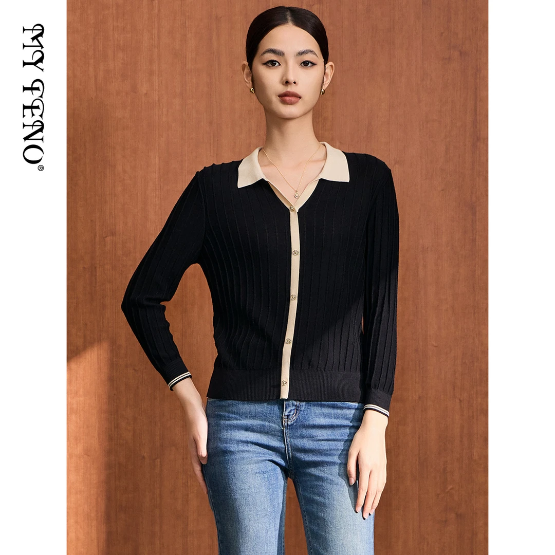 MY TENO/马天奴VDA843毛针织衫女黑色时尚女装翻领秋季气质条纹