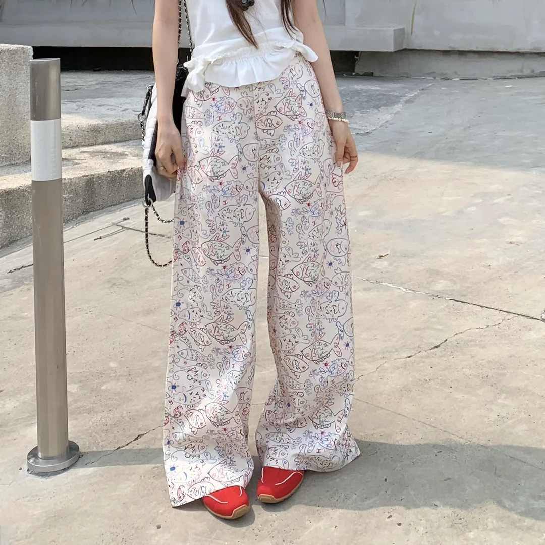 夏日小确幸～韩系设计感童趣涂鸦阔腿裤显瘦直筒百搭