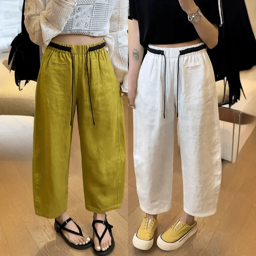 白色亚麻弯刀休闲裤女夏季薄款大码梨形身材小个子抽绳九分阔腿裤