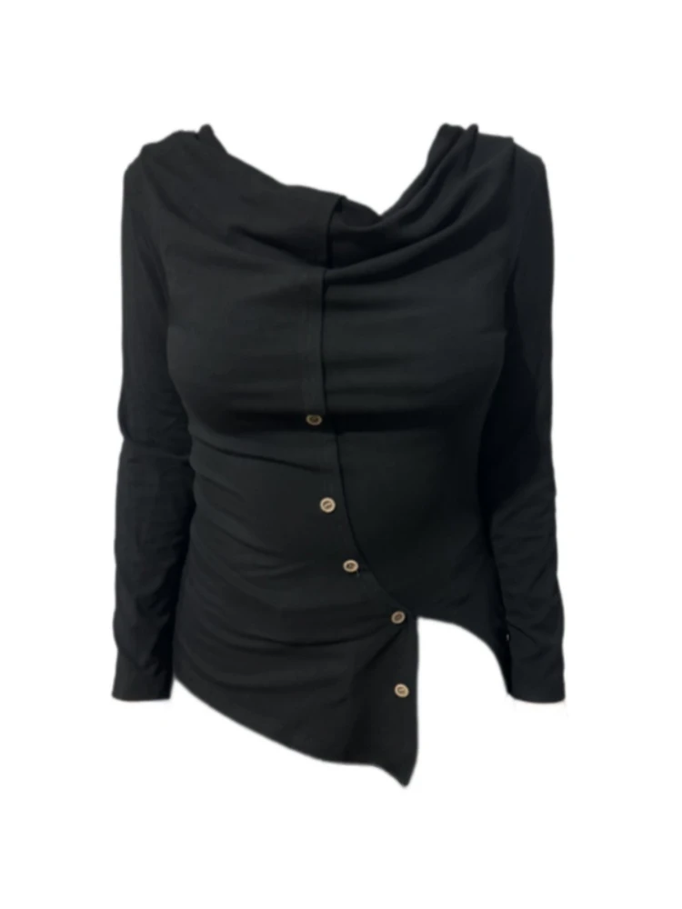 Amy家 微胖mm2025秋冬新款长袖打底衫女设计感不撞款露肩斜肩上衣