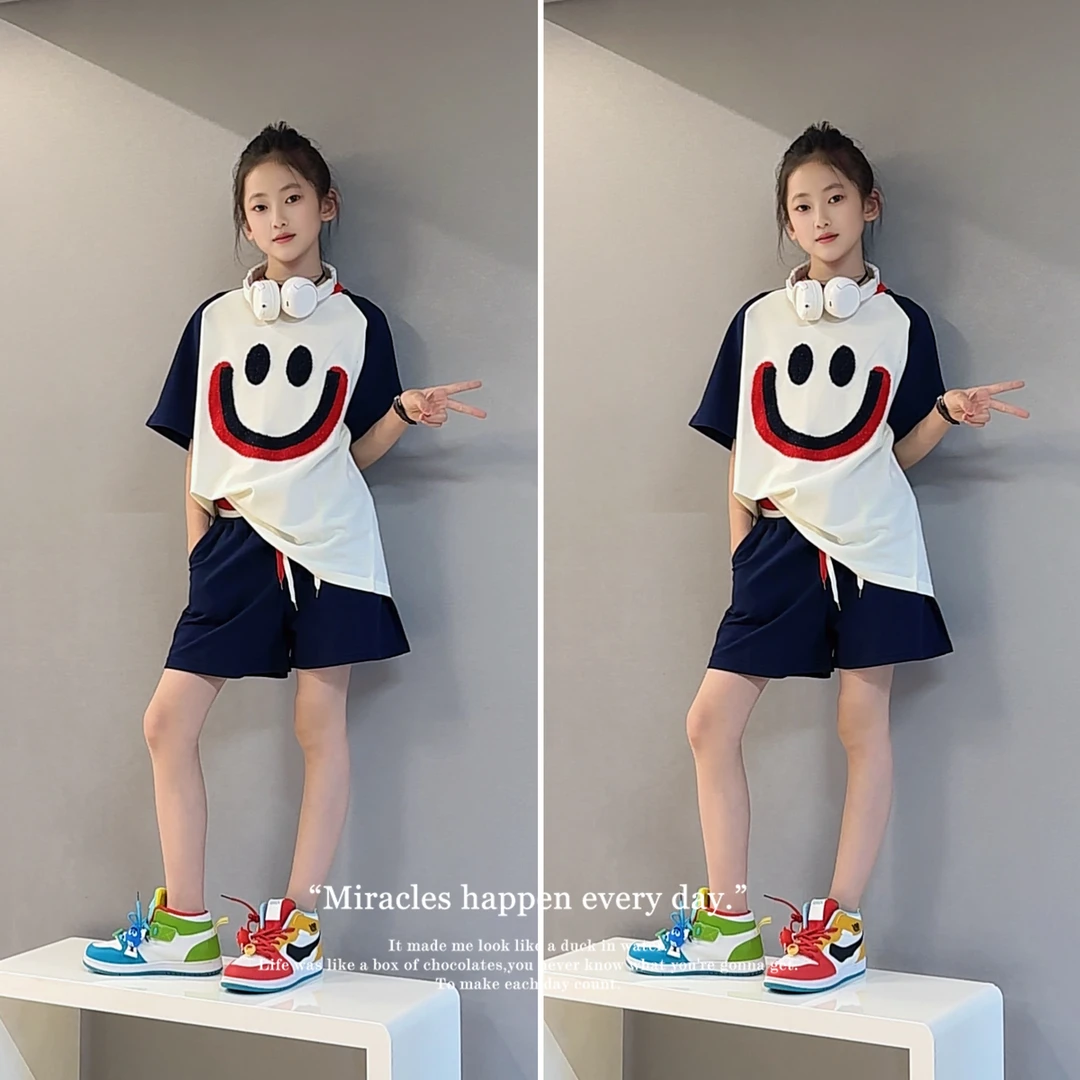 女童笑脸短袖套装2025新款夏季洋气女孩漂亮穿搭女大童超好看夏装
