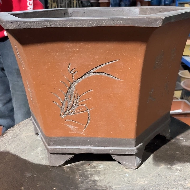 紫砂40红色六方花盆