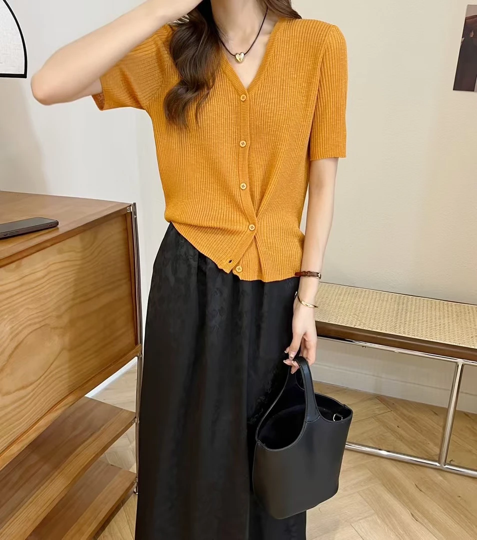 毛针织衫韩版夏季洋气V领百搭通勤短袖薄款短款女