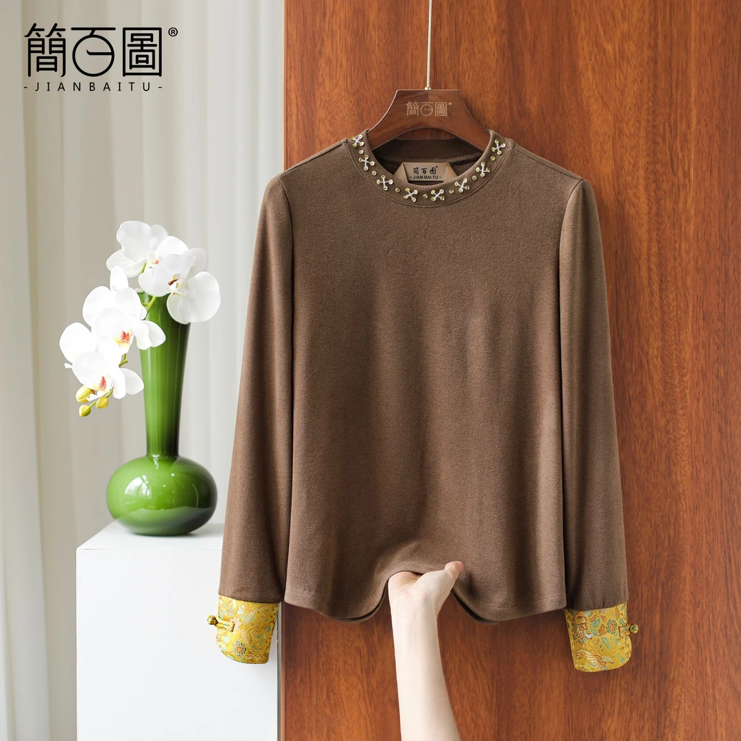 2025秋冬新款国风圆领加厚加密上衣咖色百搭遮肉显瘦重工衬衣