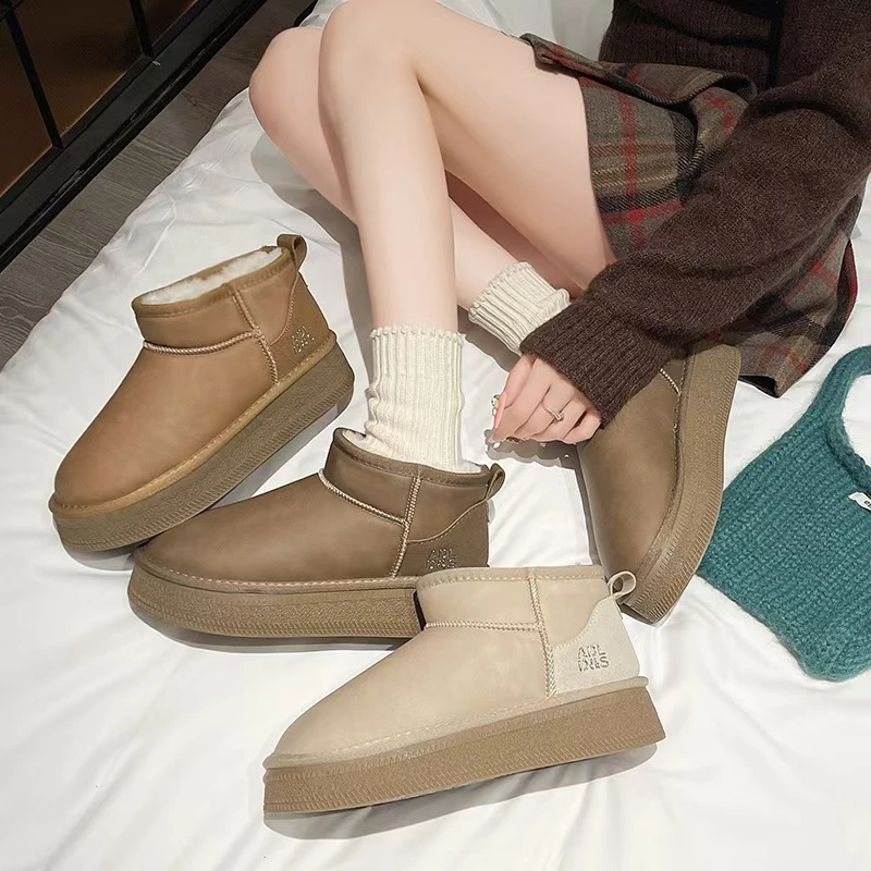 加绒短筒厚底百搭时尚简约皮面保暖冬季雪地棉靴 6099