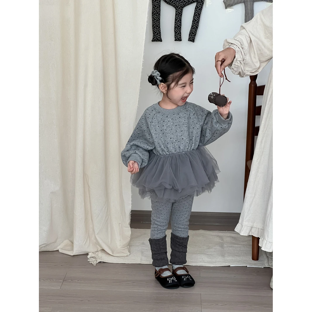 春秋季百搭新款童装韩版儿童抓绒长款卫衣女童加厚网纱拼接卫衣裙