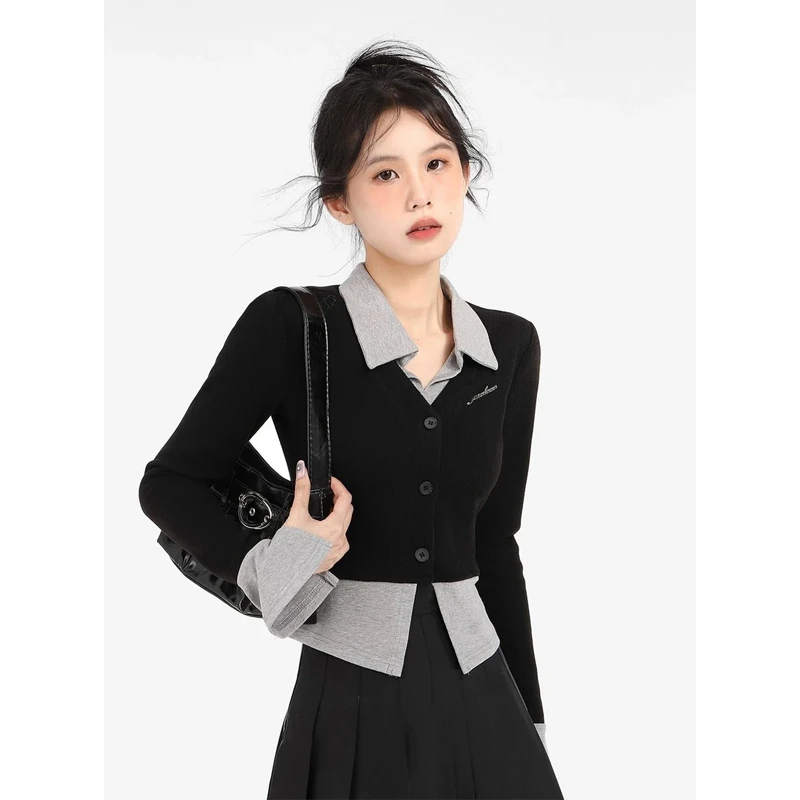 【圆圆脸】学院风黑色假两件春季修身打底衫长袖上衣名媛气质显瘦