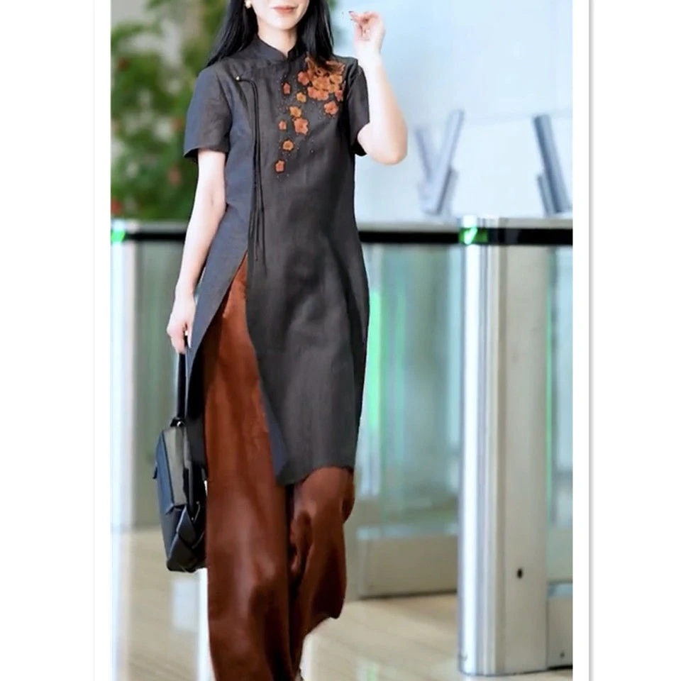 2025国风中长款上衣阔腿裤提花两件套女夏季新款复古宽松改良旗袍