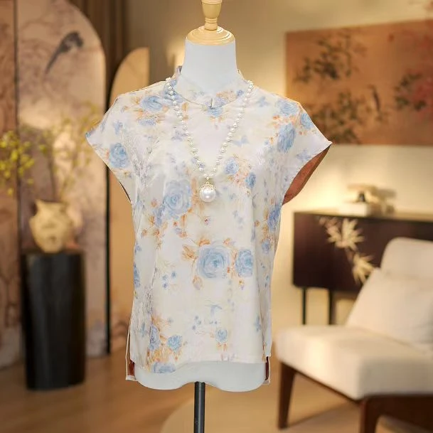 杭州重磅花萝缎蓝色妖姬玫瑰花短袖旗袍上衣2025新设计原创正版