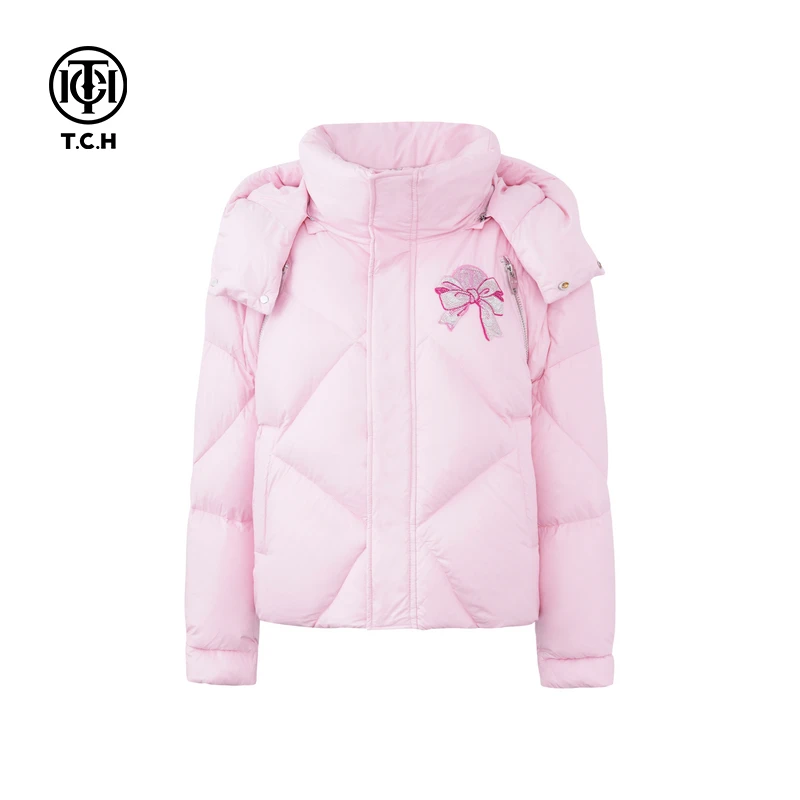 TCH 潮牌蝴蝶结烫钻休闲加厚保暖白鸭绒面包羽绒服外套T72D198105