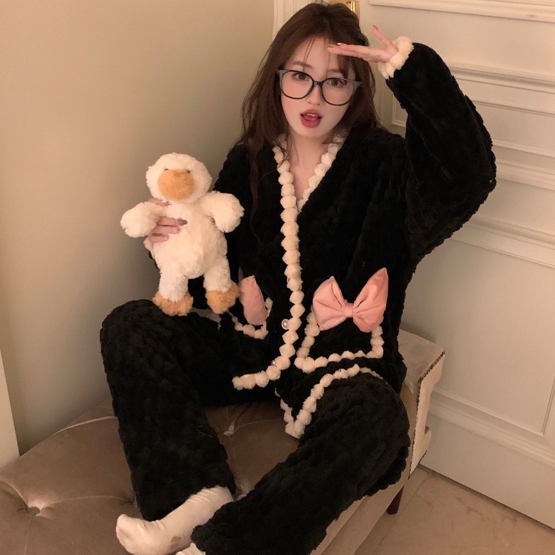 小香风舒适毛茸茸珊瑚绒睡衣女冬季减龄ins网红风家居服保暖套装