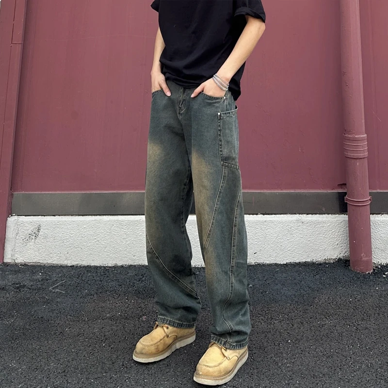 QUALCOMM潮流弯刀牛仔裤男2025春秋新款宽松阔腿裤美式复古长裤子