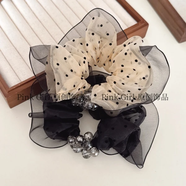 Pink Girl  Q637韩版优雅小波点水晶发圈百搭气质大肠圈发绳发饰