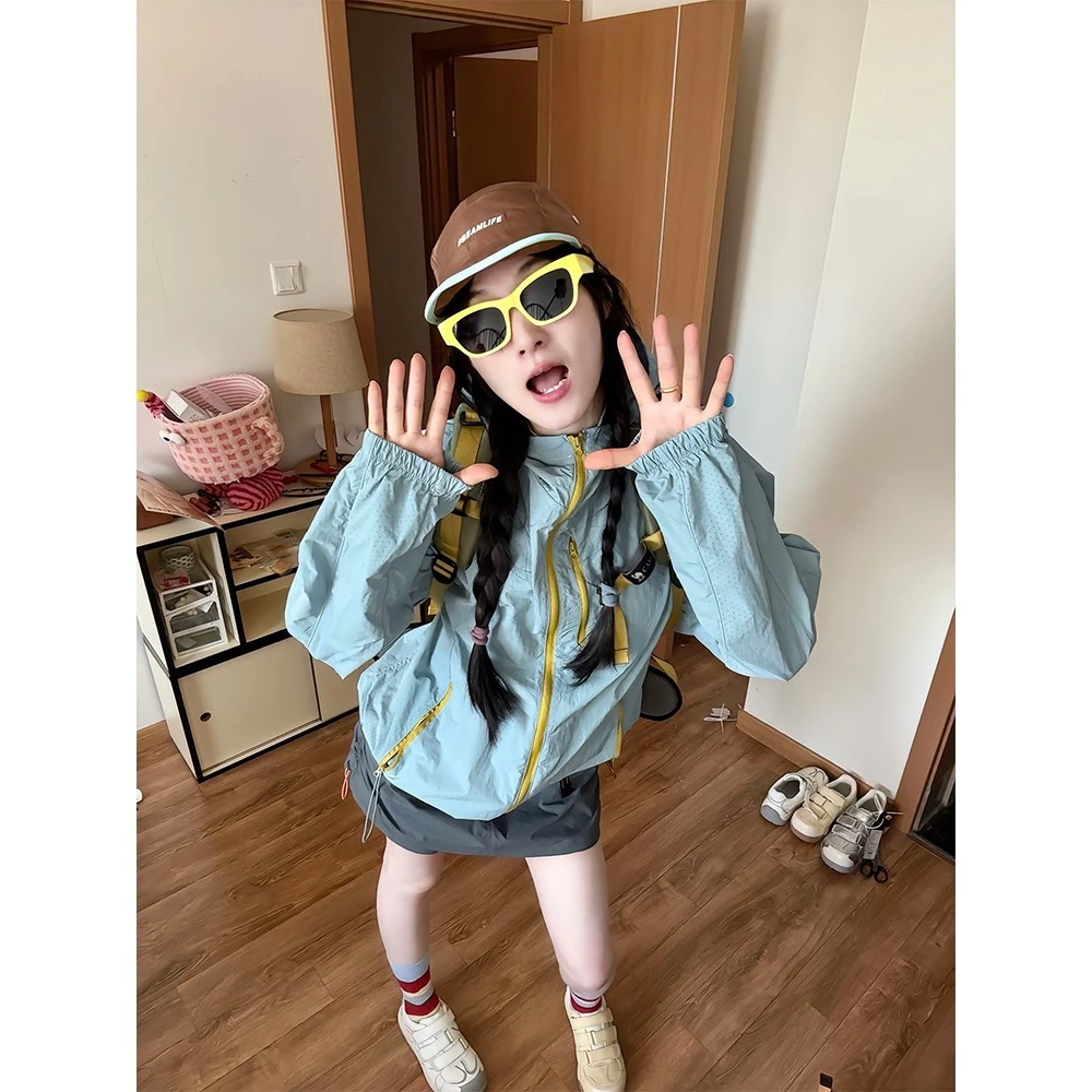 多巴胺穿搭连帽衣女款夏季户外运动防紫外线轻薄透气情侣外套