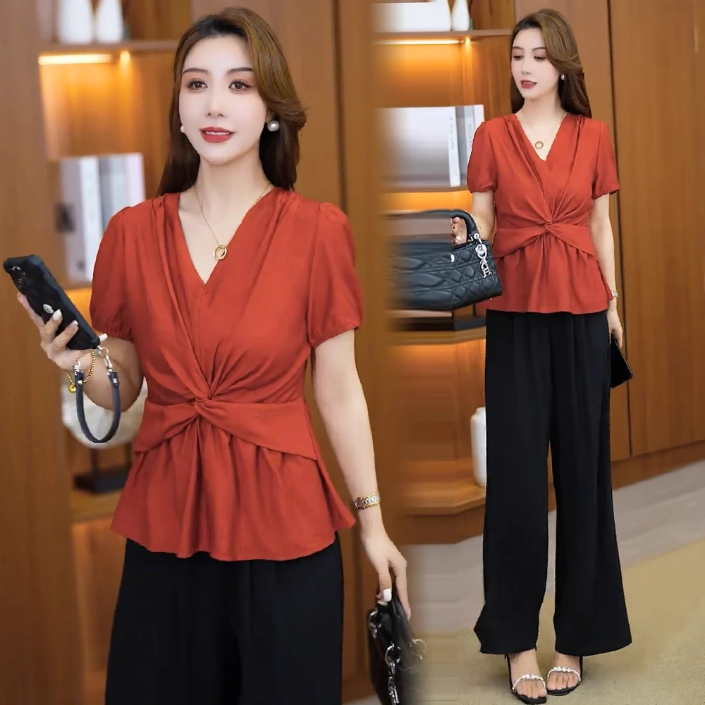 法式复古V领短袖衬衫女2025夏新款设计感交叉扭结收腰显瘦上衣潮