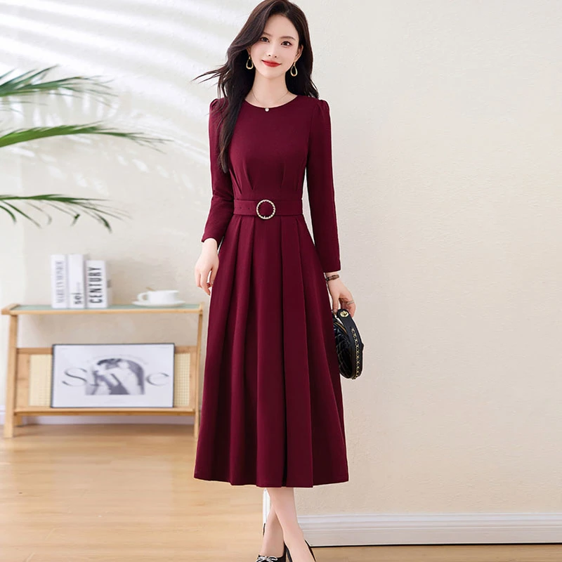 安可拉红色连衣裙女秋季2025新款轻奢气质通勤收腰显瘦礼服长裙子