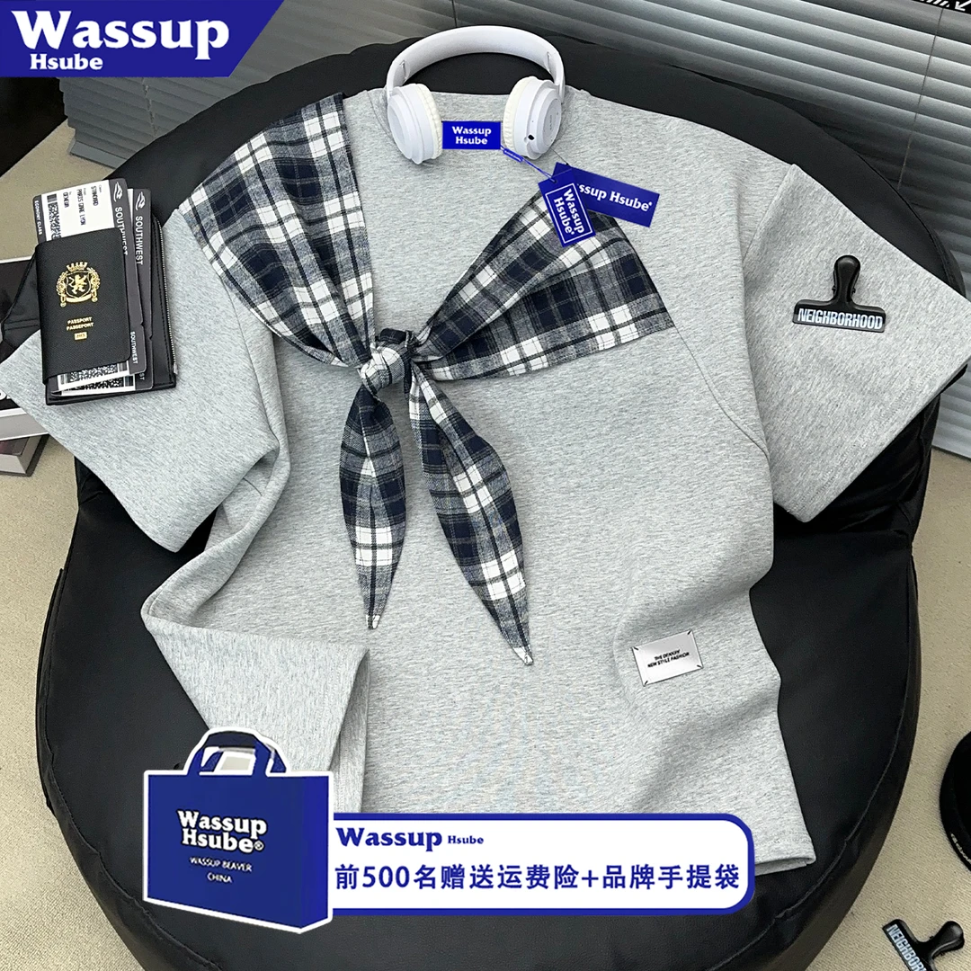 WASSUP HSUBE美式复古格子蝴蝶结绑带灰色短袖T恤男女宽松上衣服