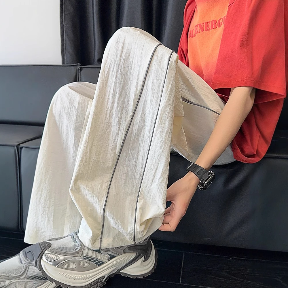 白色辑明线速干裤子男夏季薄款潮牌运动阔腿裤美式直筒宽松休闲裤