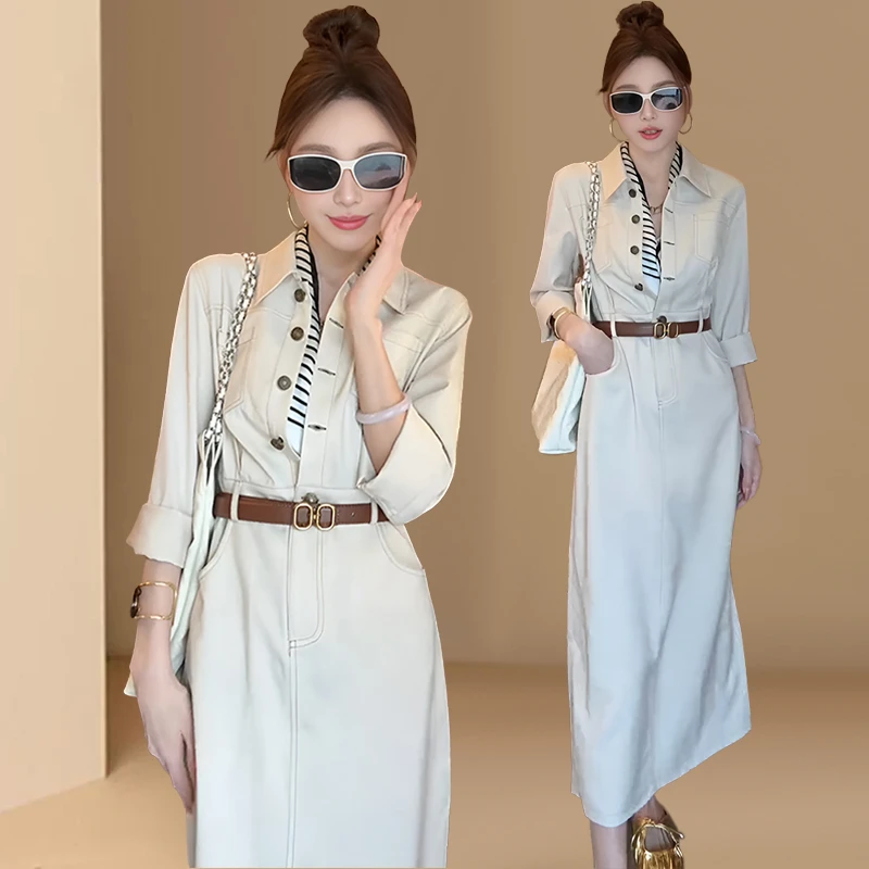 韩版时尚气质百搭显瘦长袖连衣裙女春夏季新款收腰显瘦工装长裙子