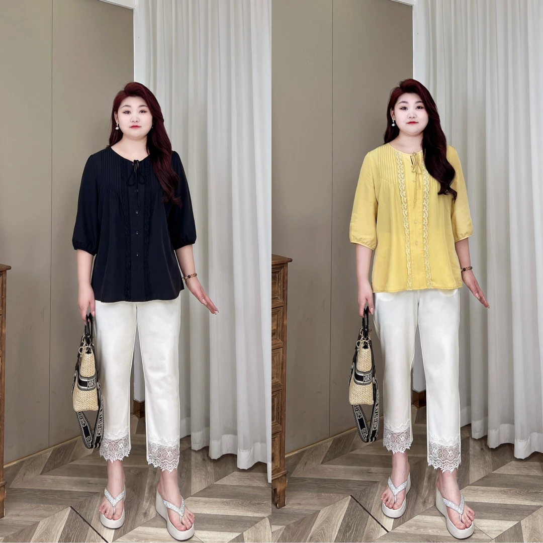 【现货仅上衣】PMM81747夏季新款法式百搭褶皱宽松大码衬衫