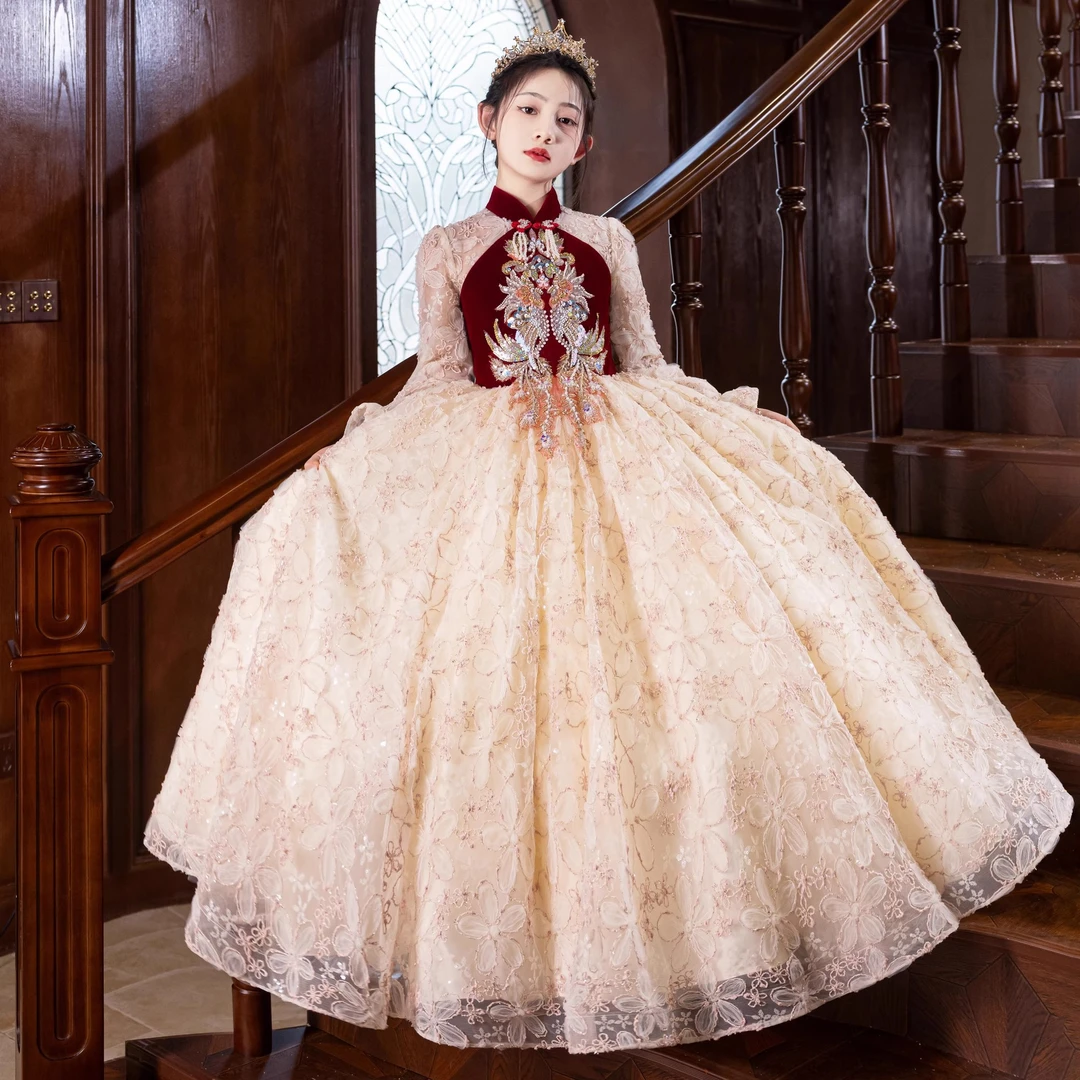 儿童生日礼服钢琴演奏轻奢小众高端喜庆春秋季红公主裙主持人