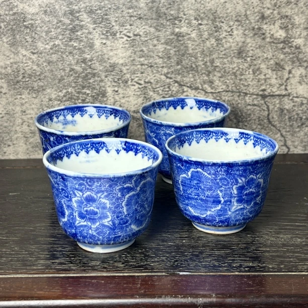 日本正品大正时期濑户青花柴烧印判手汤吞茶杯四支(口8高6.5厘米)