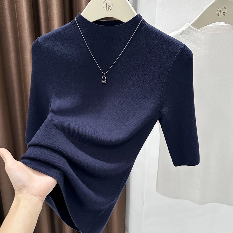 藏蓝色中袖上衣女轻熟御姐穿搭修身t恤正肩半高领针织打底衫内搭