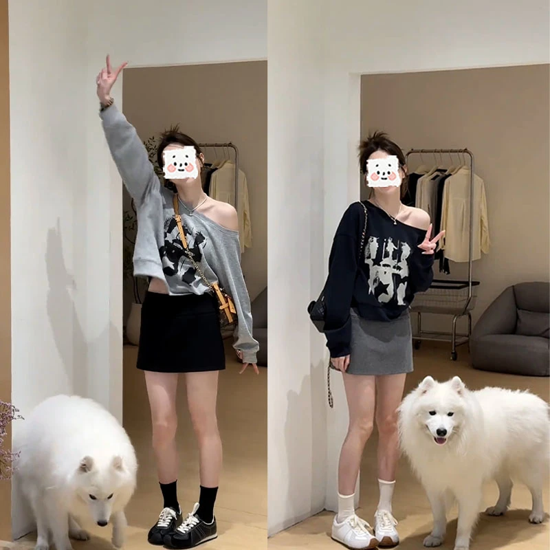 2025秋季新款设计感时尚百搭长袖斜肩上衣女休闲半身短裙两件套装