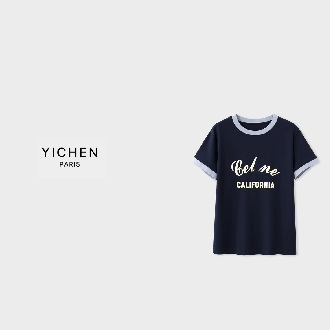 YC 藏蓝色撞色拼接连笔字慵懒风T恤-3162