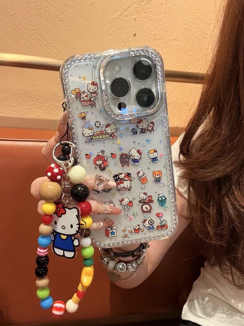 ins日韩卡通满屏KT猫镭射星星适用iphone16pro手机壳自带Ai拍照键