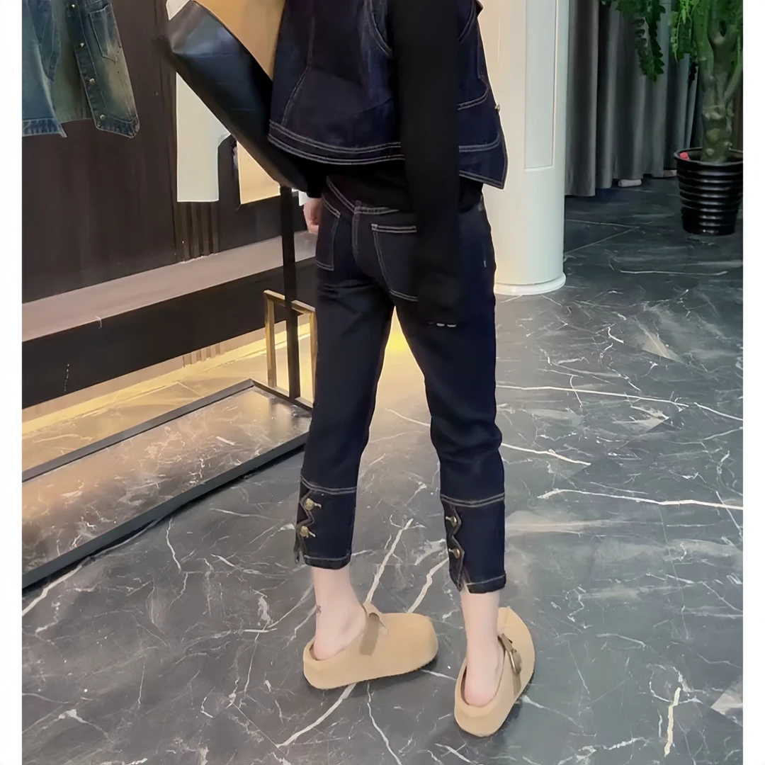 唐芯媛早秋新款时尚洋气直筒牛仔裤女微胖大码弹力显瘦八分烟管裤