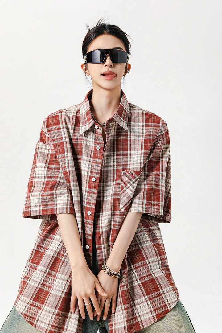 港风百搭ins风休闲格子防晒衬衫宽松复古短袖衬衫韩版薄款宽松
