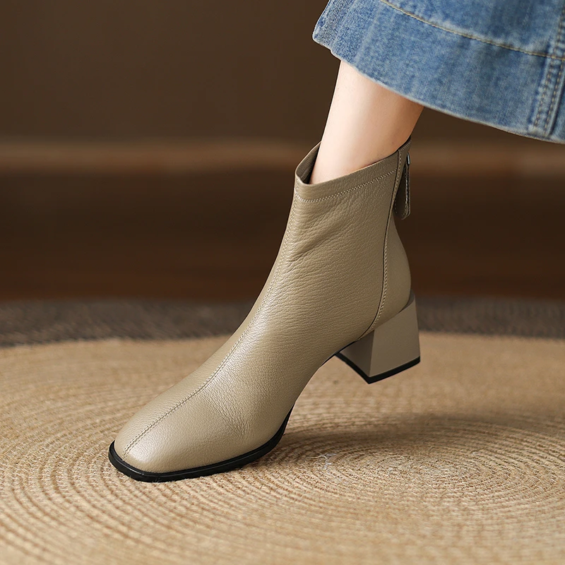 5.5cm软羊皮女靴秋冬方头百搭短靴新款粗跟后拉链通勤中跟靴子