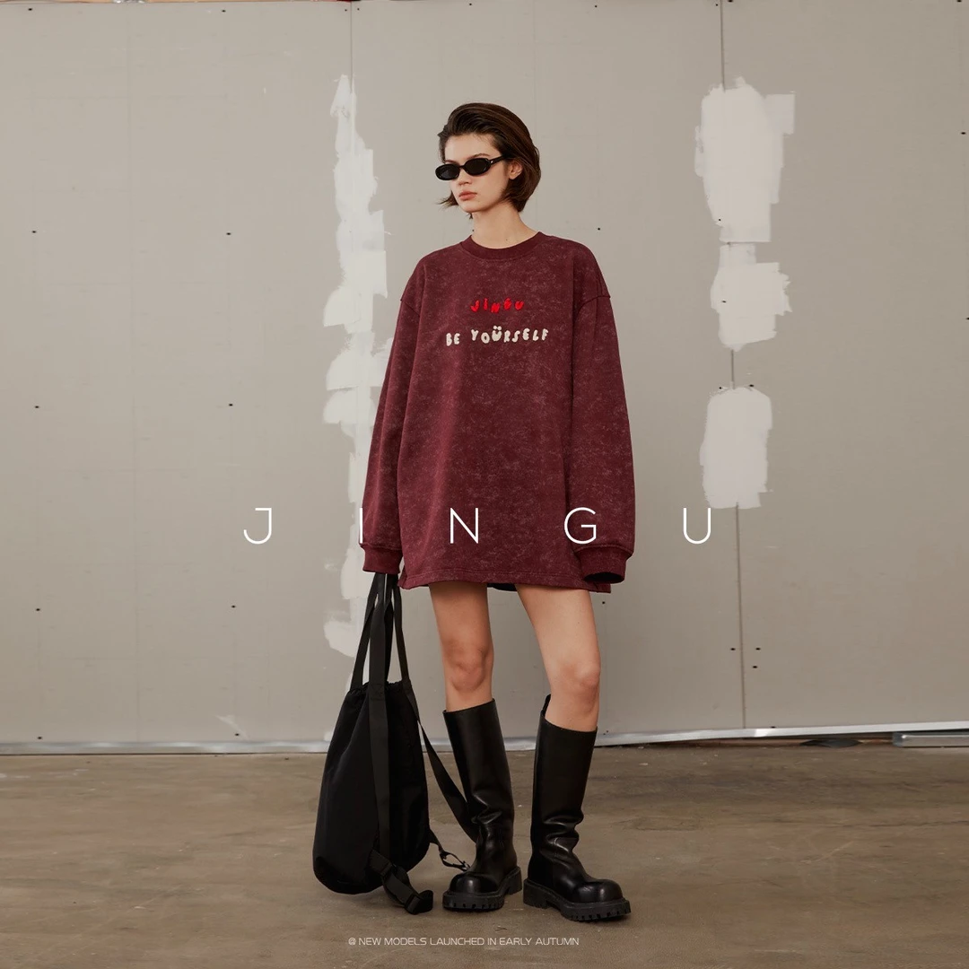 晶咕~做旧水植绒字母卫衣时尚复古慵懒风卫衣宽松百搭