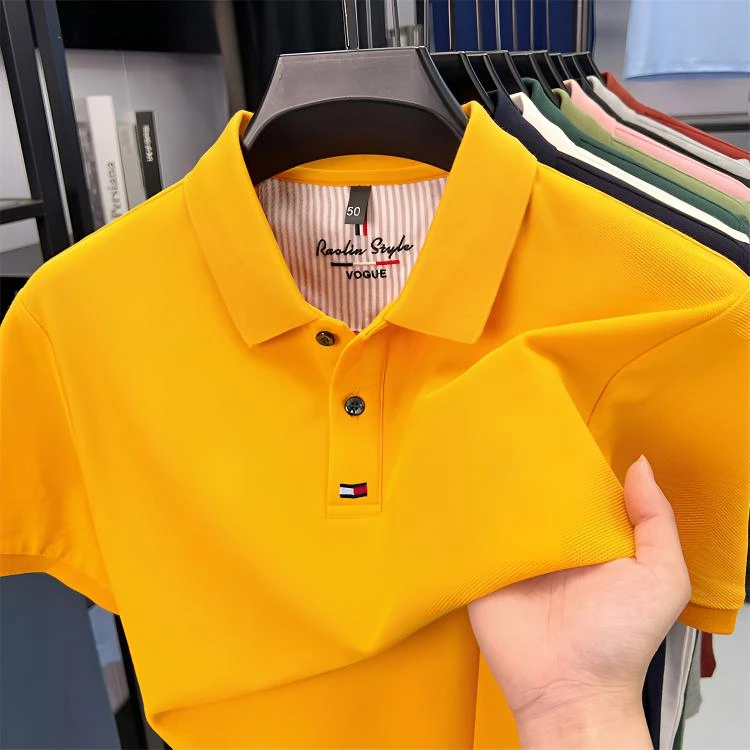 高档轻奢薄款短袖纯色夏季翻领Polo衫男士透气宽松时尚休闲运动衫