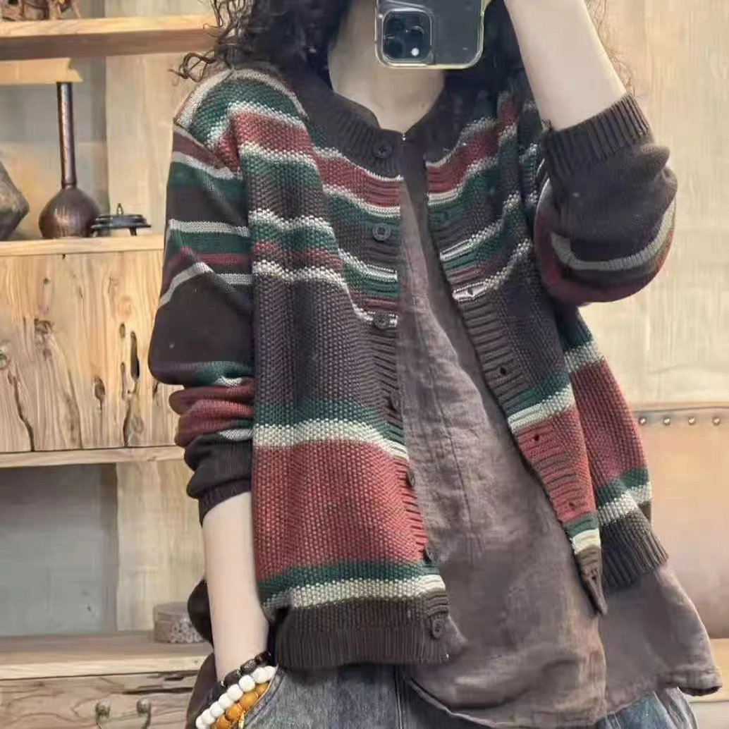 【正版】53 2773 秋季新品彩条棉线休闲百搭开衫女士外套