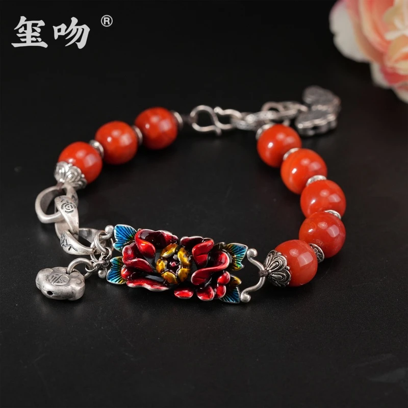 【玺吻】s925银 花开富贵 天然南红牡丹花手链 （珠径约10mm）