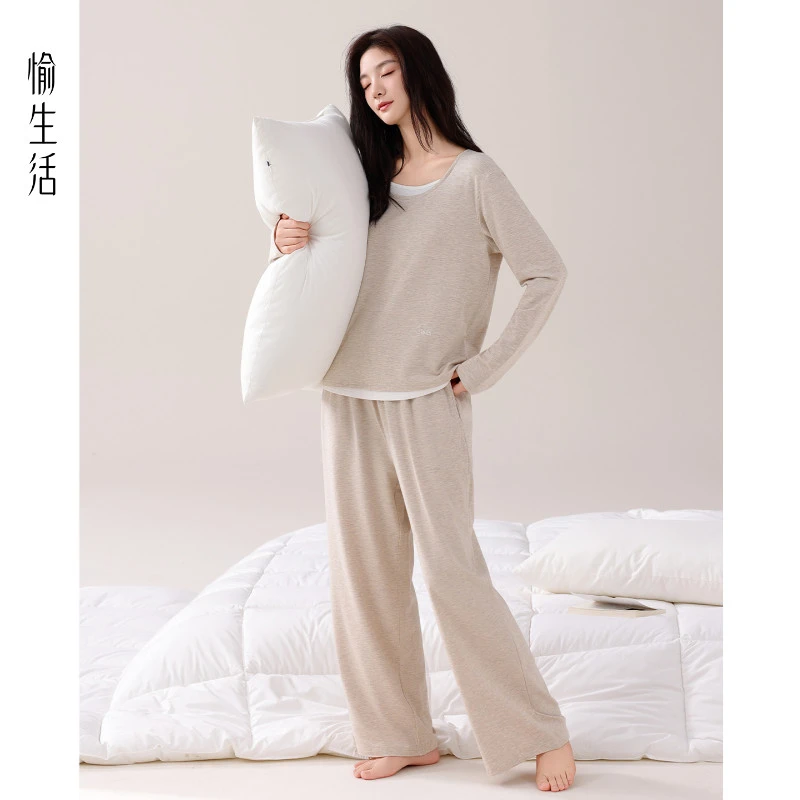 愉生活莫代尔睡衣女带胸垫秋套头长袖长裤套装休闲简约纯色居家服