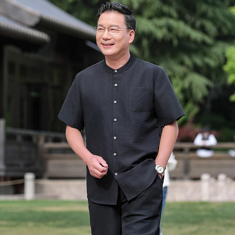 Mexican/稻草人中老年冰丝短袖衬衫男夏季爸爸套装夏天男士衬衣装